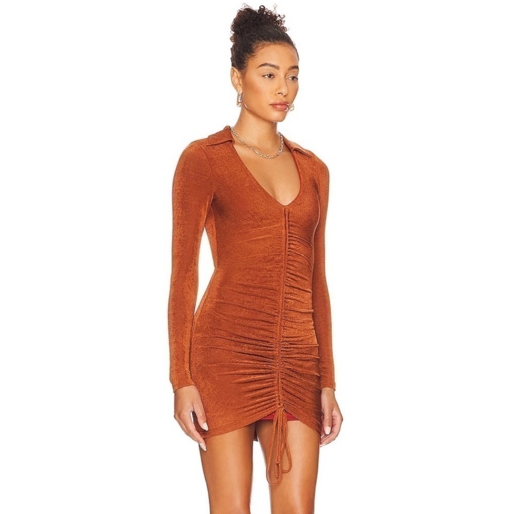 NEW! Superdown PENELOPE Ruched Mini Dress XS Burnt Orange Gold Brown Sexy Club